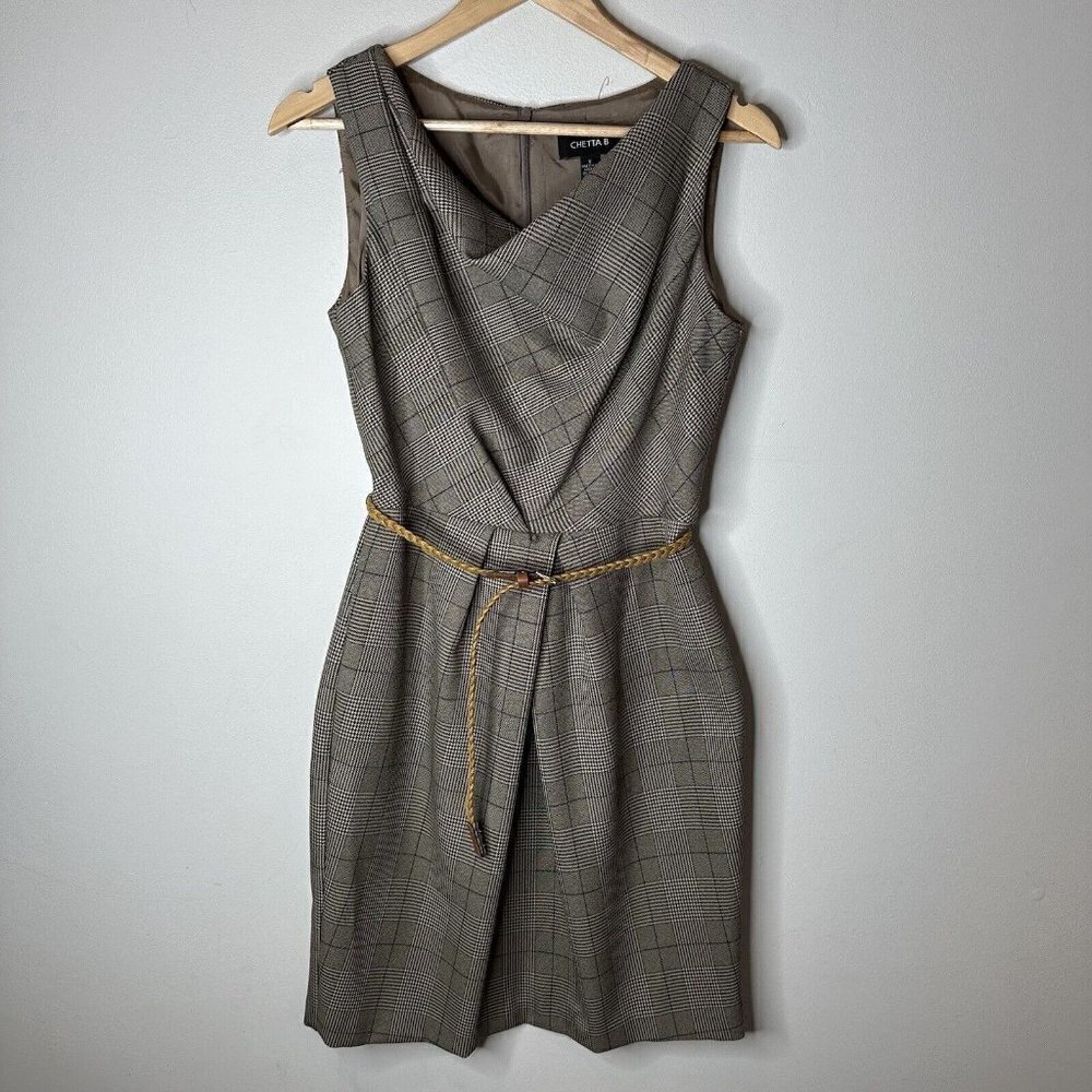 Chetta B Women’s Gray Plaid Sleeveless MIDI Cowl Neck‎ Belted Dress Size 8